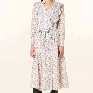 NWT Magali Pascal Madelaine Cream White Abstract Dot Ruffle Midi Shirt Dress